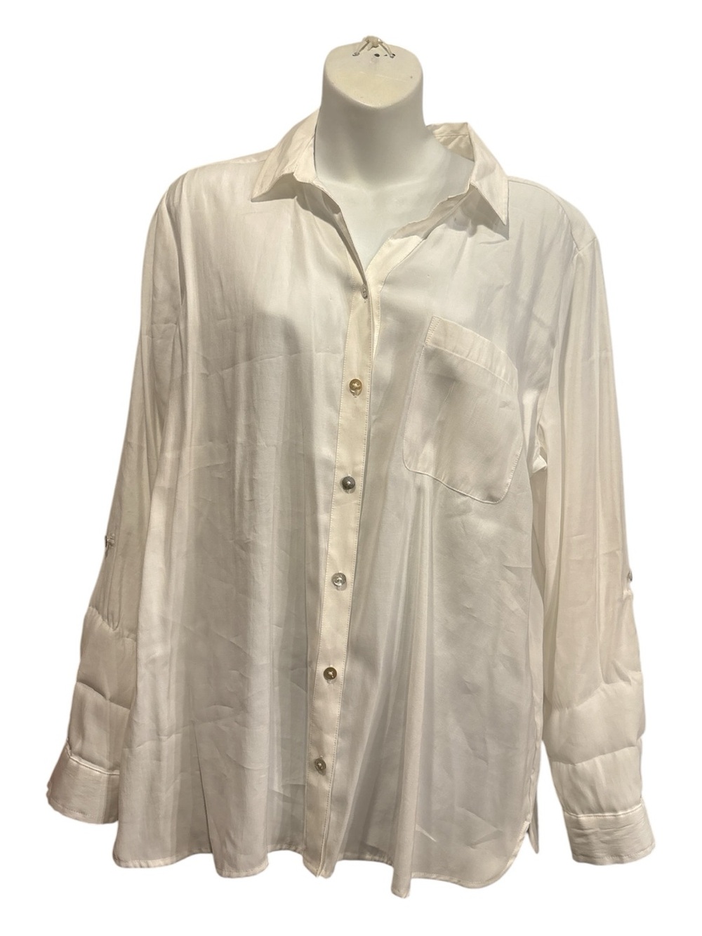 Chico's white Button-Front Relaxed Shirt long sleeves w/inside tabs size large